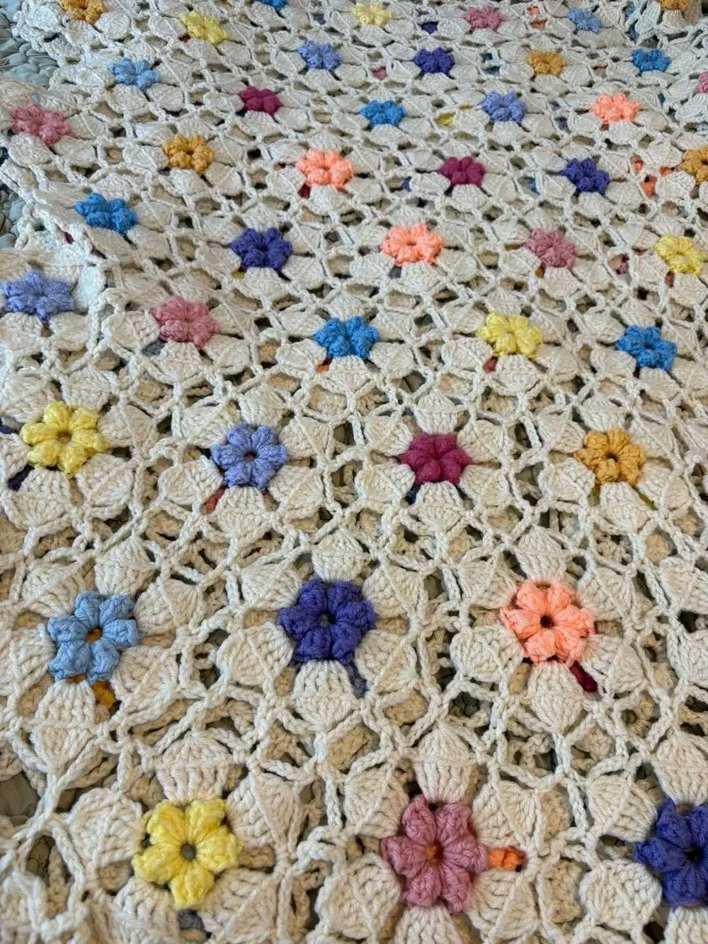 Vintage Handmade Crochet Floral Afghan Throw Blanket with Pastel 3D Flowers